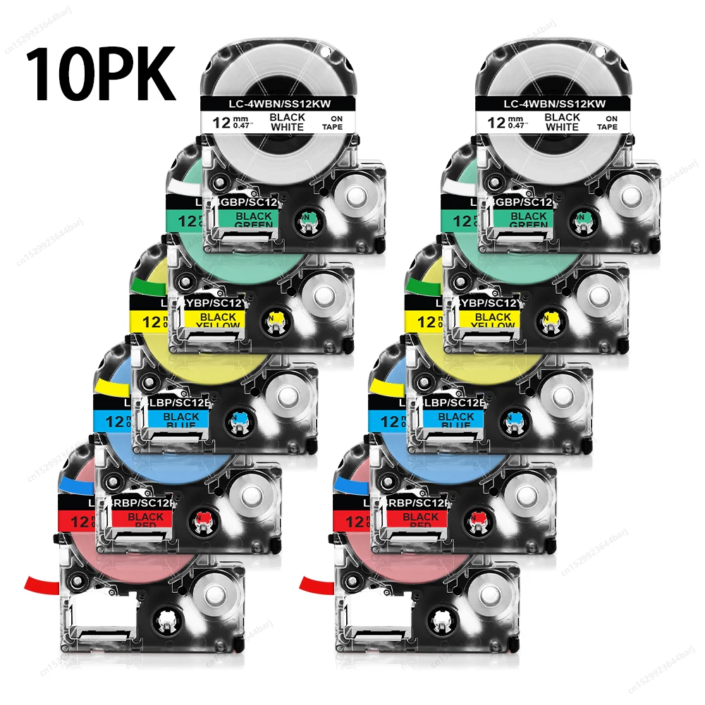 Fita de Etiqueta Compatível Epson SS12KW 12mm ST12KW SC12YW SS12KW LK-4WBN Preta sobre Branca para Impressora de Etiquetas Epson LW-300 LW-400 (Pacotes de 2/5/10)