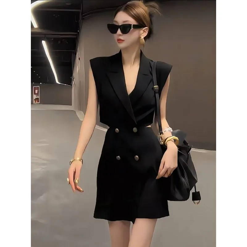 French Light Luxury High-grade Sense of Temperament Waist High-end Exquisite Royal Sister Wind Black Sleeveless Hollow Dress