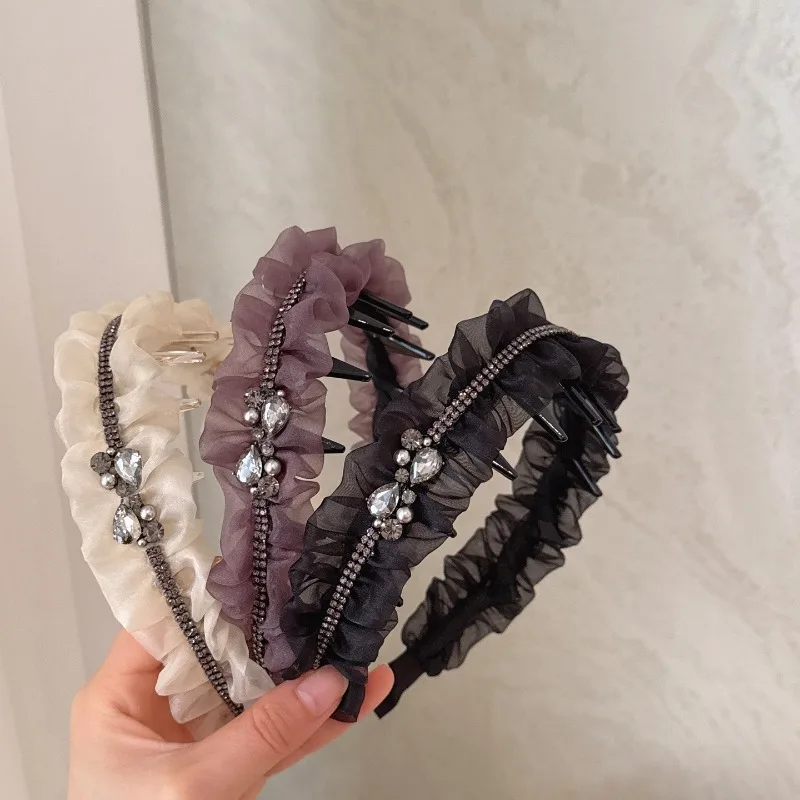 

Korean Style High-End Mesh Pleated Rhinestone Hairband with Teeth for Women High Crown Headband