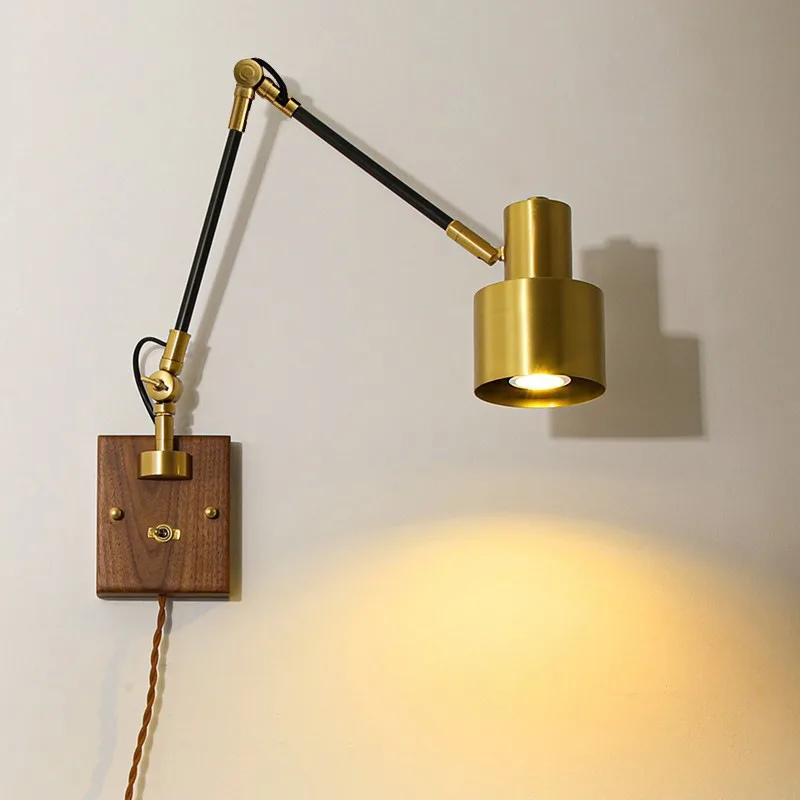 Full copper cover retro bedroom bedside lamp Nordic with switch walnut rocker arm no wiring creative personalized wall lamp