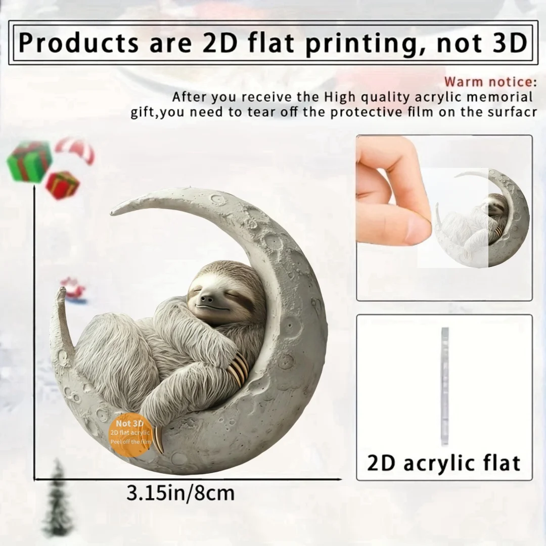 2D Sloth on The Moon Pendant Flat Acrylic Keychain Ornament Charms for Car Mirror,Backpacks,Home,Graduation Festive,Gift & Decor