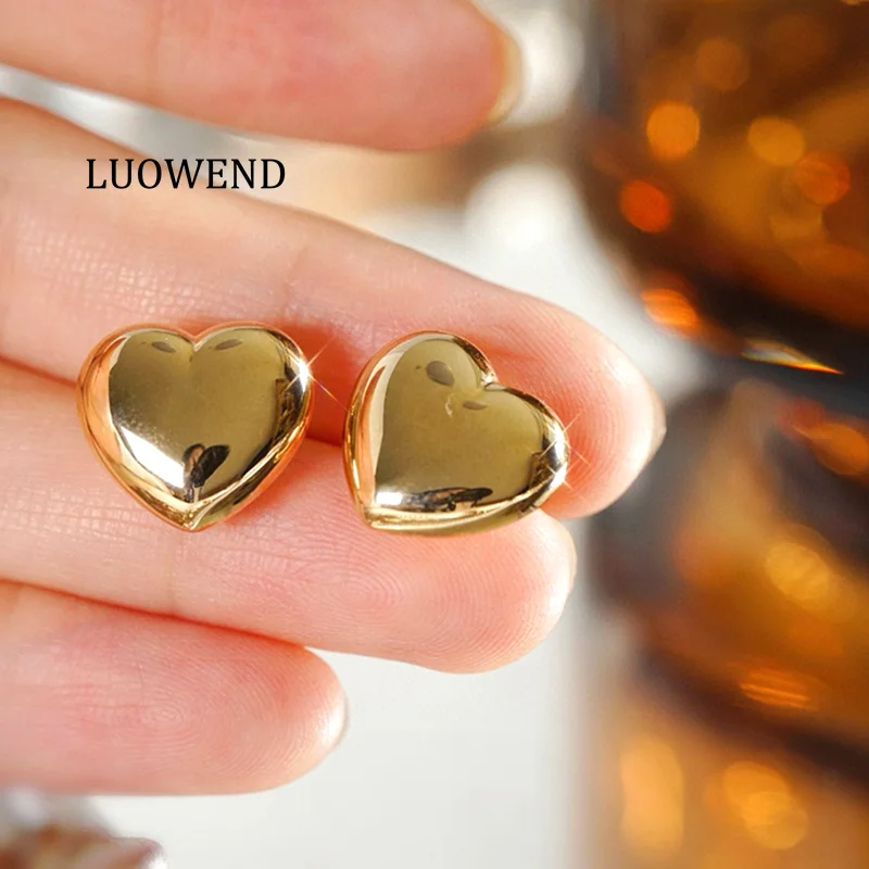 LUOWEND 100% 18K Yellow Gold Earrings Classic INS Style Gloss Heart Shape Stud Earrings for Women High Party Jewelry