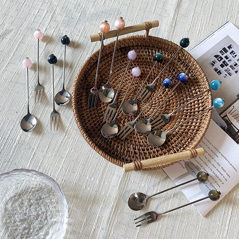 Nordic Style 304 Stainless Steel Dessert Spoon and Fork Set with Glass Bead Handle Creative Coffee Stirring Spoon for Home Use