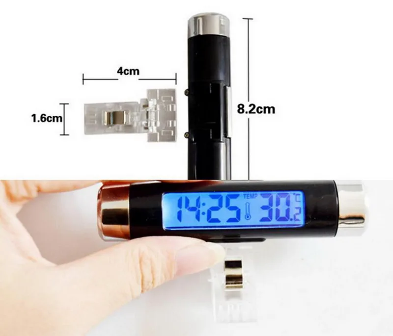 Car LCD Digital Clock Thermometer Voltmeter 2 in 1 Clip On with Backlight for Vehicle Dashboard