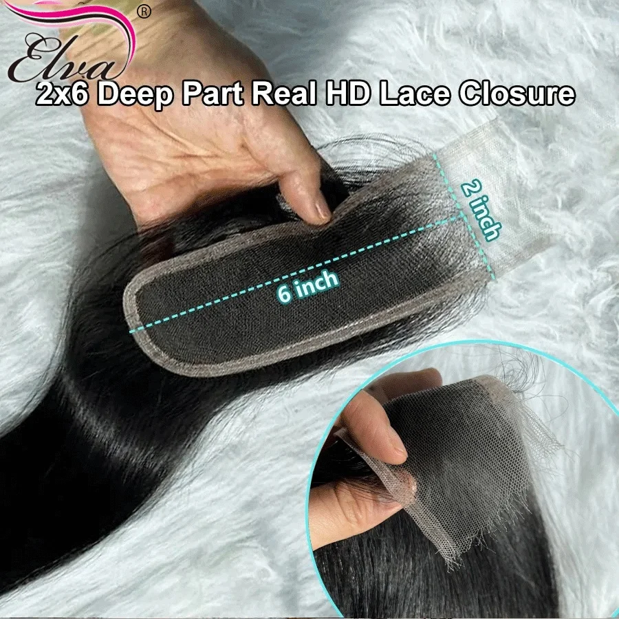 Elva 2x6 HD Lace Closure Only Straight Hair 2x6 Deep Parting HD Lace Closure Frontal Pre Plucked Human Hair Closures For Women