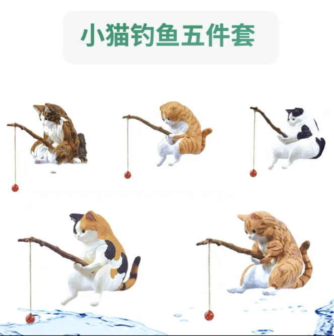 Hot Cute Fishing Cat Fishbowl Fishing Figure Fisherman Figurine Fishing Rod Seals Figures Cat Decoration Interior Accessories