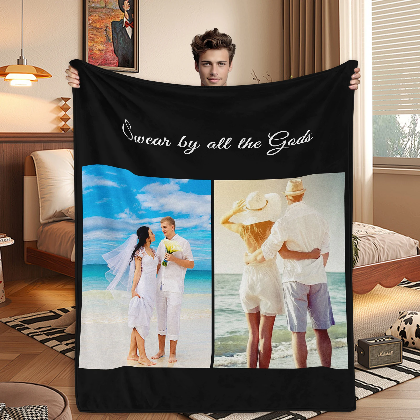 Romantic aesthetic couple customized blankets Seaside wedding photo Ring arm embrace Valentine's Day unique gift for each other