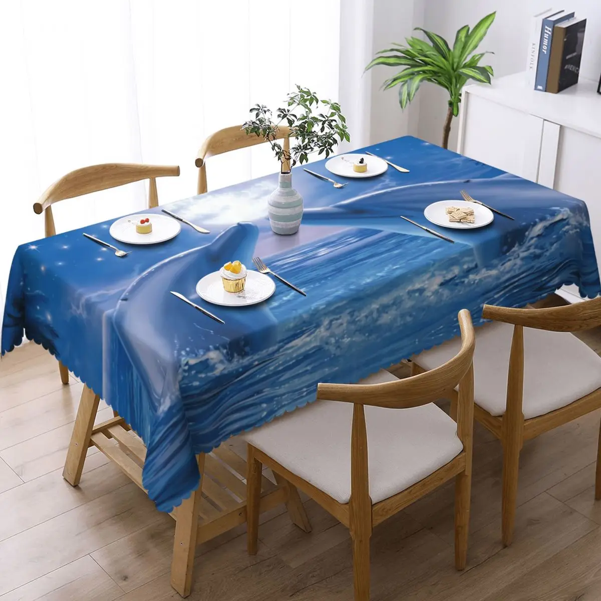 Cute Dolphins Kiss Rectangular Tablecloth Waterproof Table Cloth Sea Creature Ocean Animal Table Covers