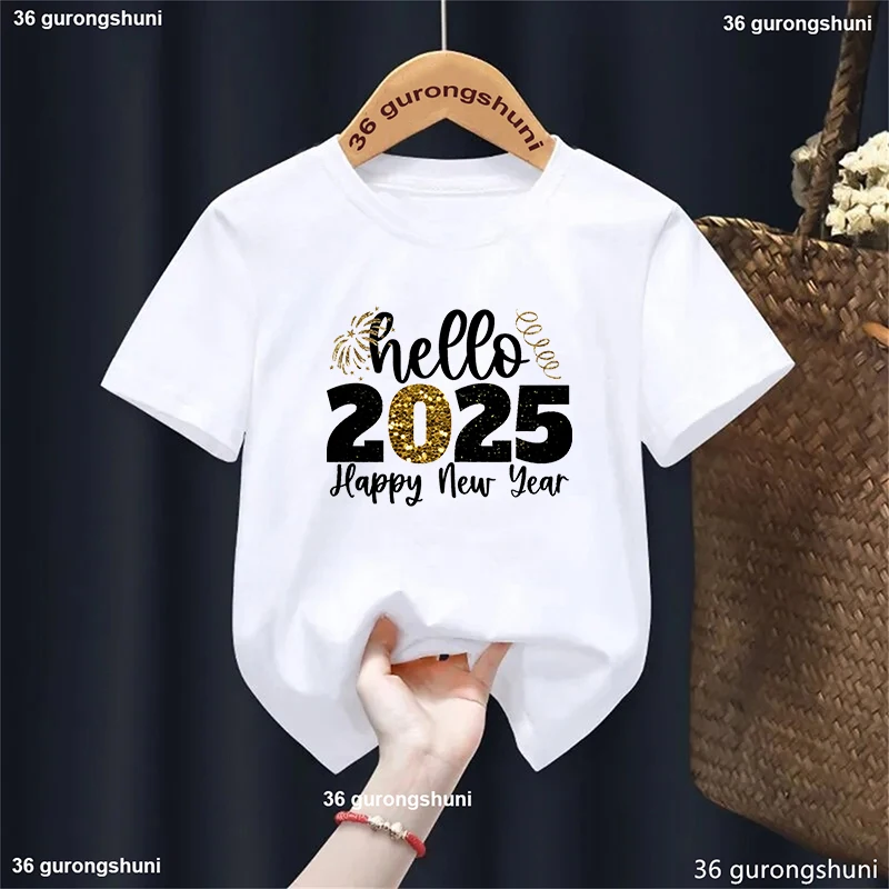 New Leopard print Hello 2025 T-Shirt Happy New Year Party Gift Merry Christmas Tshirt Boys Girls Kids Clothes Harajuku Tees Tops