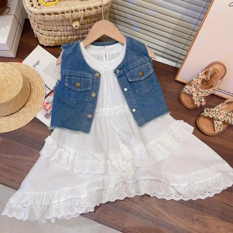 2026 Summer Girls Dress Clothing Set White Sleeveless Dress+Single-Breasted Cowboy Vest 2pcs For 3-8 Years Girls Fashion Outfit