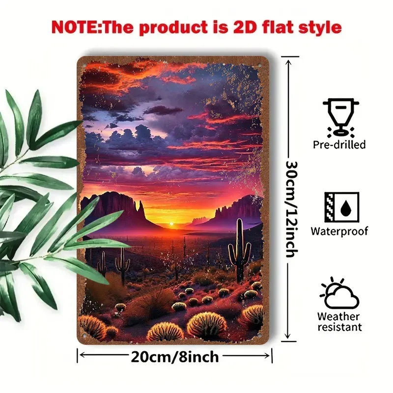 2D Flat - A 1pc 2D [Flat] Metal Sign Titled 'Desert Sunset' Measuring 8X12 Inches / 20X30 Cm, Showcasing a Magnificent Desert Sc