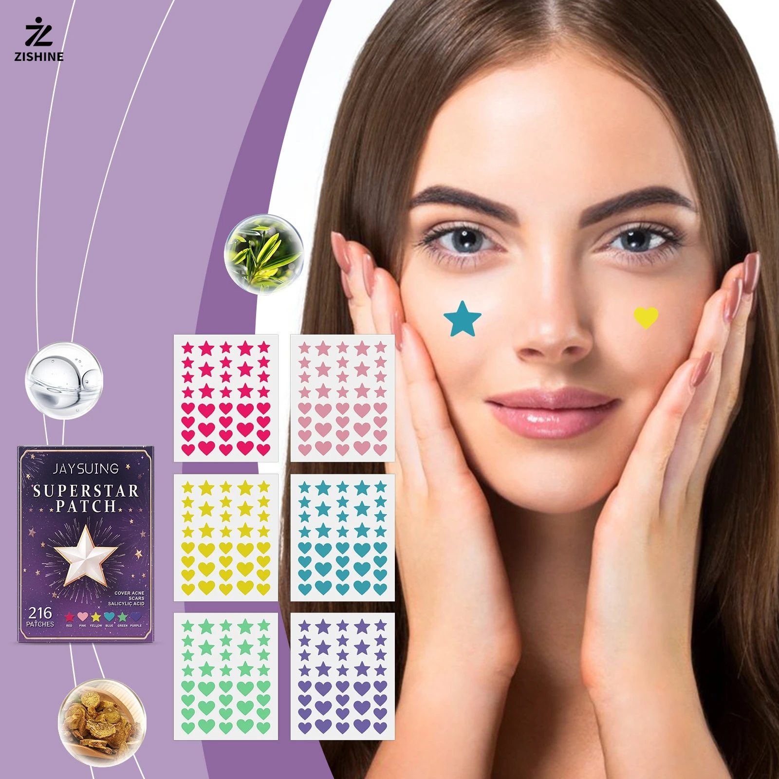 216PC-Multi-color Invisible Heart-shaped and Star-shaped Acne Patches - Waterproof, Breathable, Facial Care, Covers Acne Scars