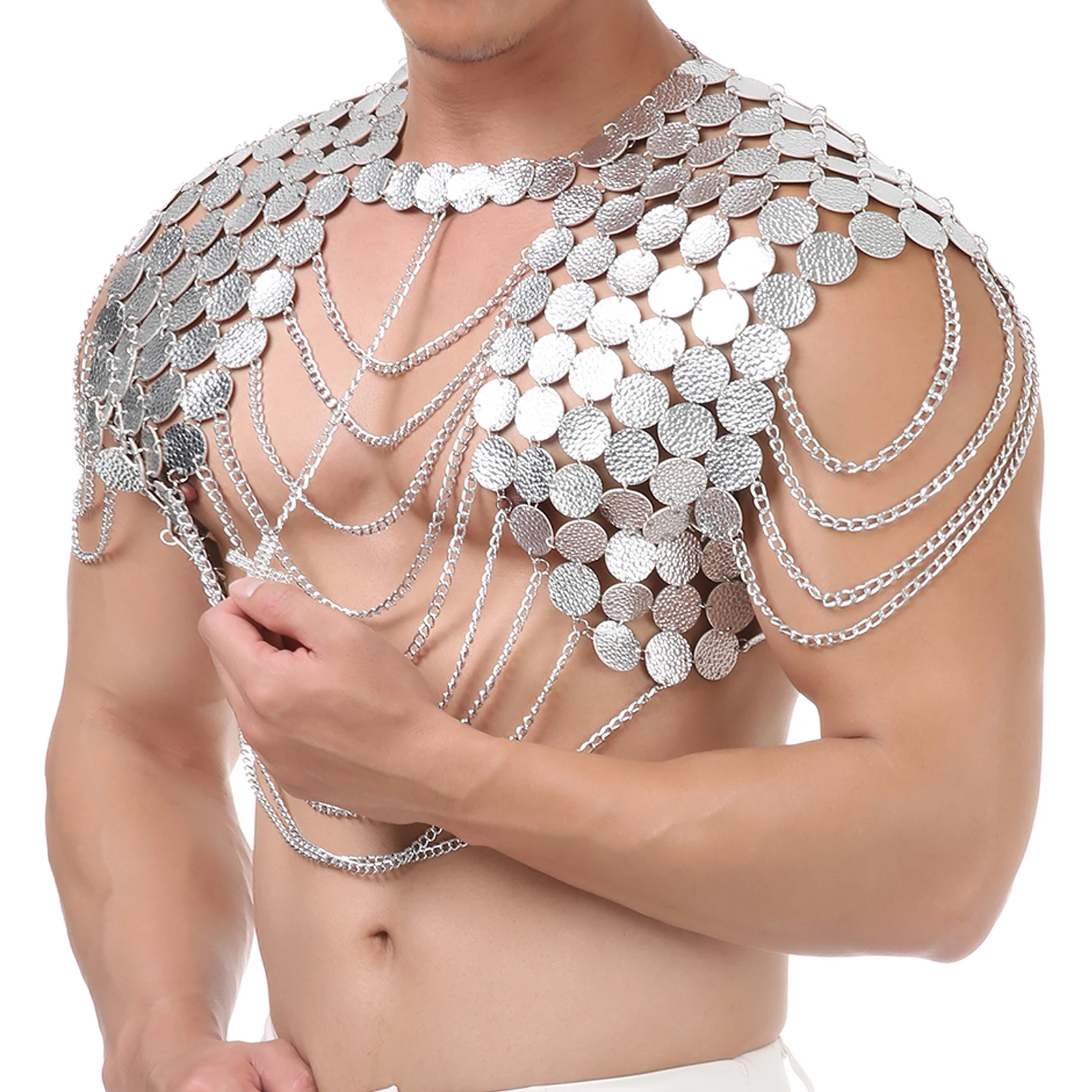 

Sexy Silvery Shiny Crop Top Faux Leather Sequin Chains Armour Clothing Man Erotic Fetish Costume Tank Crucifix Decor Clubwear