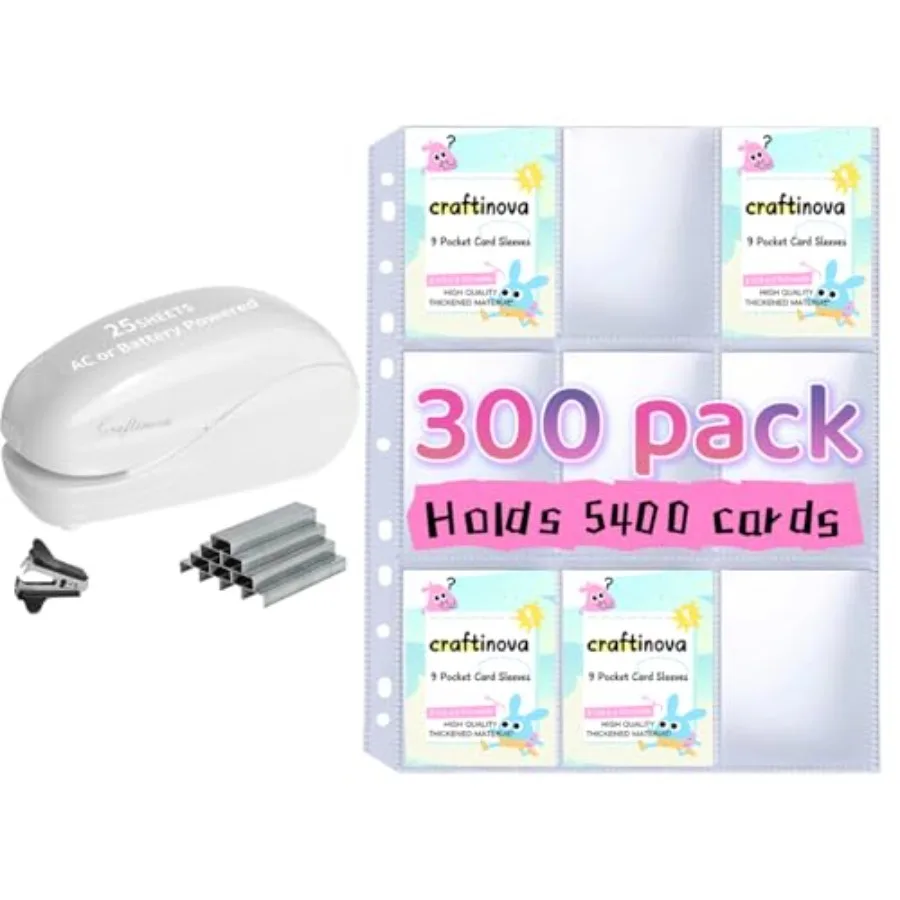 

Electric StaplerIncluding 2000 Staples and 1 Staple Remover and 300 Pack 9 Pocket Card Sleeves Binder Sheets Clear Trading Card