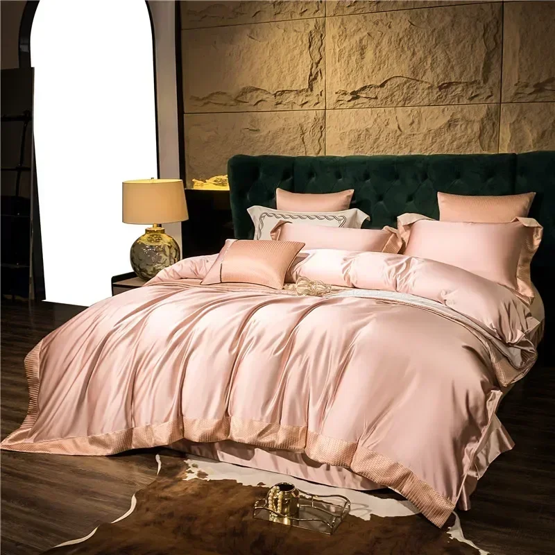 Hot Sales 1200TC Egyptian Cotton Satin Surface Bedding Set Queen Size King Size Duvet Cover Bed Sheet Pillow Cover Pink