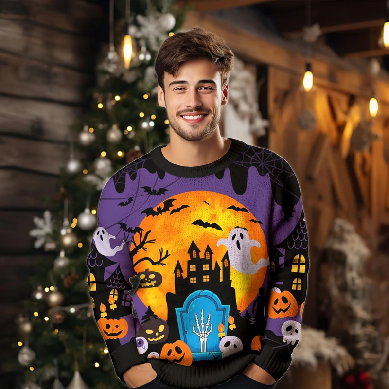 2026 جديد اليقطين الجمجمة نمط هالوين سترة قبيحة للرجال موضة عطلة ارتداء ثلاثية الأبعاد بلوزات مطبوعة فضفاضة تنفس القمم