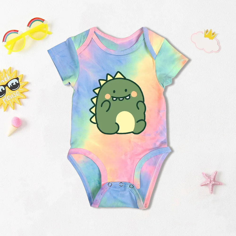 

Cute Dinosaur Cartoon Pattern Printed Tie Dye Romper Short Sleeve Round Neck Infant Bodysuit Best Birthday Gift for Baby