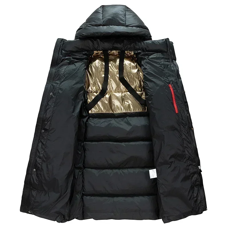 YEAE Mid-length Black and Gold Down Jacket Men\'s Winter Jacket New Thickened Cold-proof Hooded Winter Jacket Men\'s