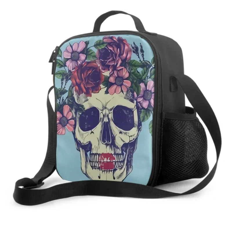 Human Skull Flower Wreath Insulated Lunch Box Portable Lunch Bag with Adjustable Shoulder Strap and Side Pocket Cooler Tote Bag