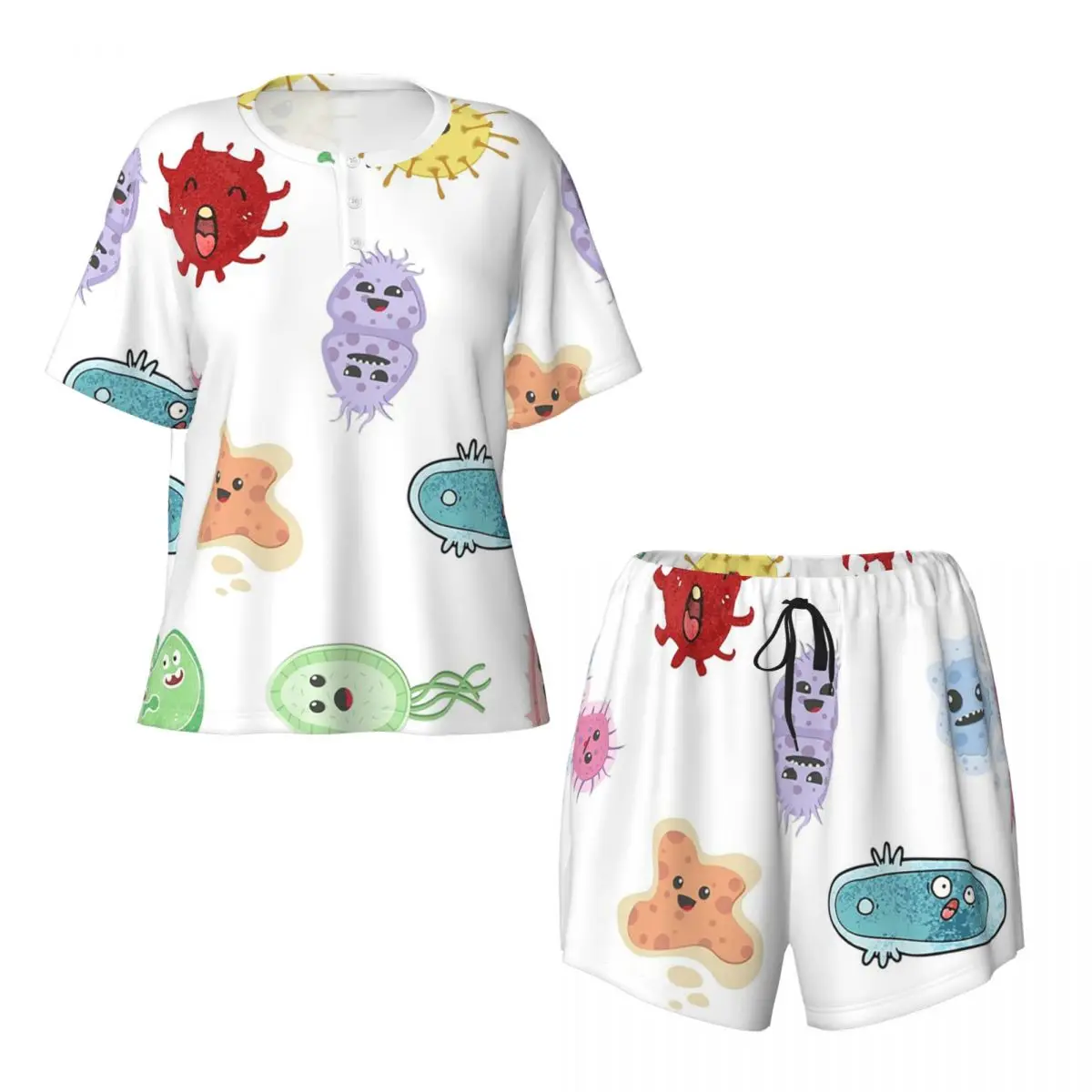 

Cute Microbes Bacteria Virus Ecoli Micro Biology Round Neck Short Sleeve Nightgowns for Sleeping Women Pajama Set Short Pants
