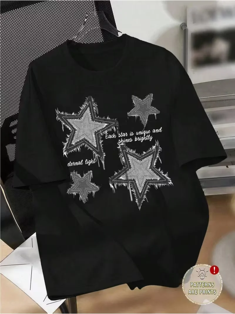 Women's T-shirt Distressed Denim Star Print Graphic T-Shirt Casual Crew Neck Short Sleeve Fashion Harajuku Kawaii Y2K Clothing
