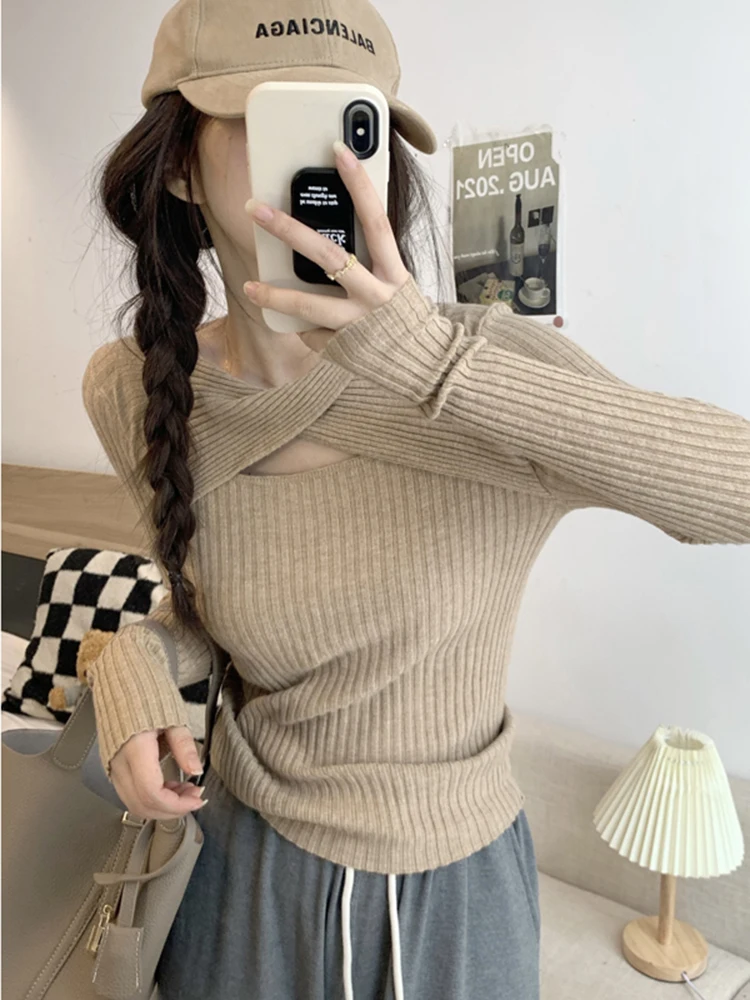 

2024 Women Autumn Winter New Long-sleeved Knitwear Tops Female Slim Solid Color Pullovers Ladies Solid Color Sweaters Tops V177