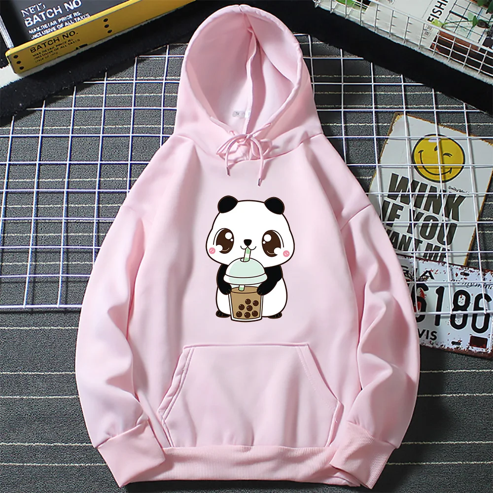 Sudadera con capucha con estampado de Panda para beber té de la leche, sudadera de manga larga con estampado de dibujos animados para mujer, ropa de talla europea para niña