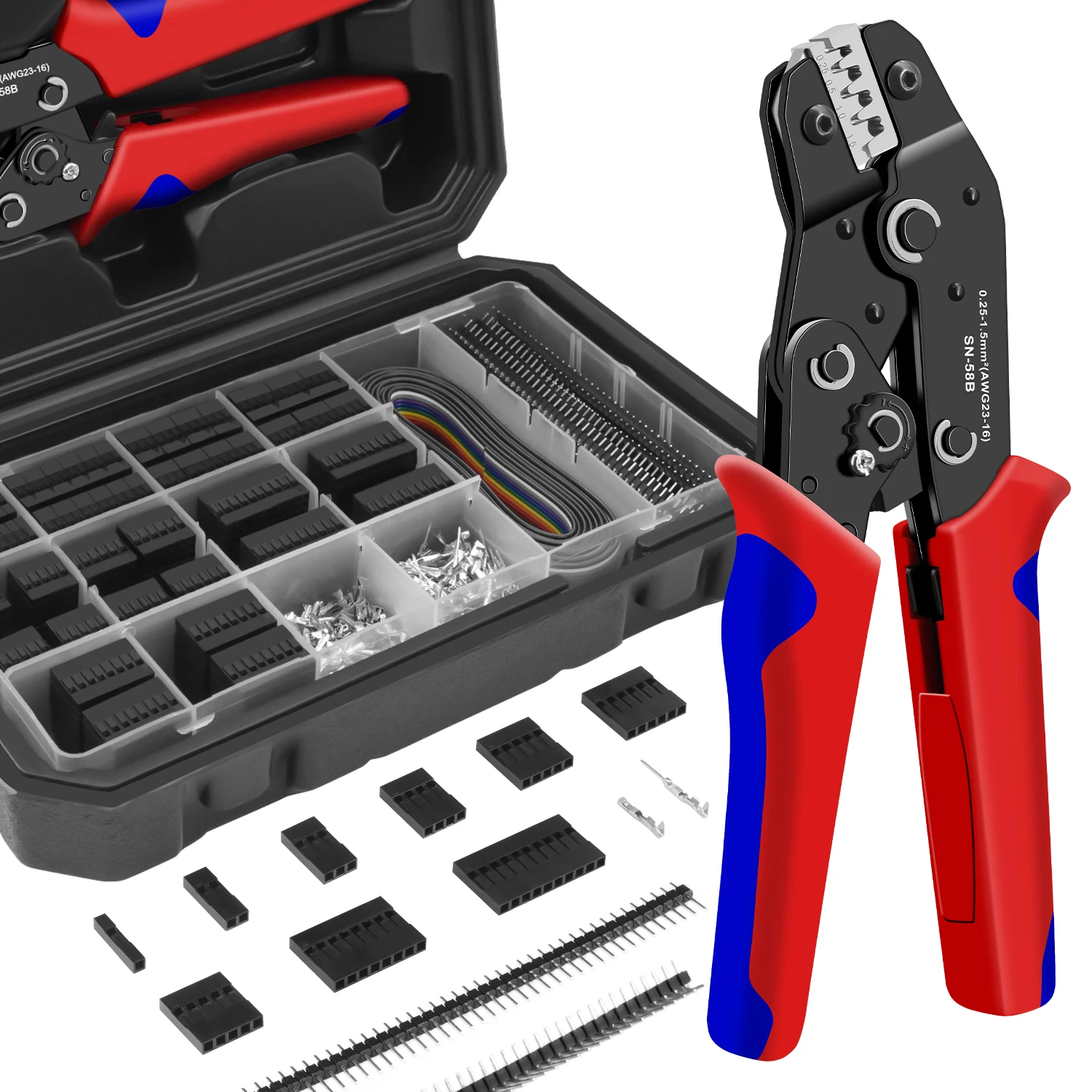 2.54mm Pitch Dupont Connector Crimping Tool Kit | SN-58B Wire Crimping Plier | 1550PCS Non-insulated Open Barrel Plier Set