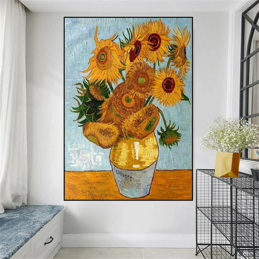 Van Gogh Słynne słoneczniki artystyczne w wazonie 5d Diy Zestawy do malowania diamentami Pełne wiertła Kwiatowy haft krzyżykowy Mozaika do dekoracji