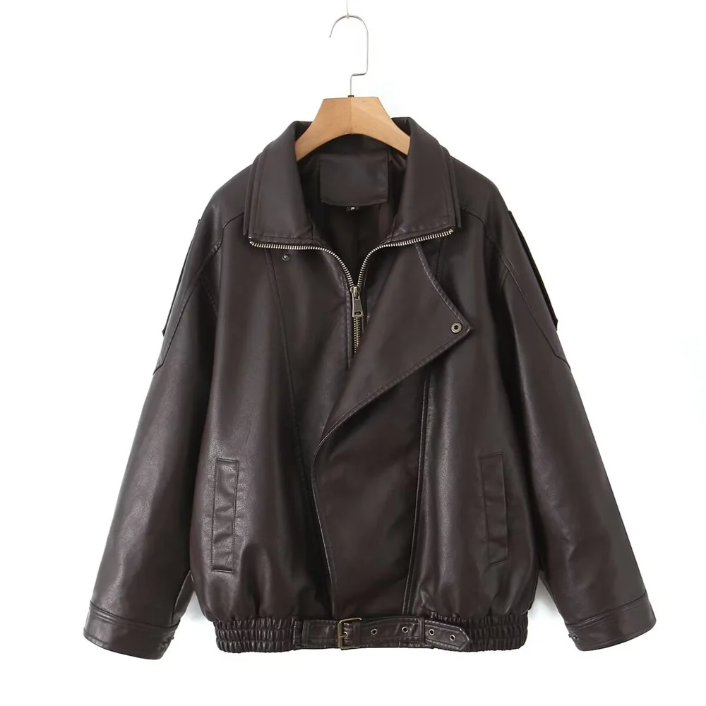 

Autumn new product women's collar long sleeved zipper decoration loose and versatile leather jacket