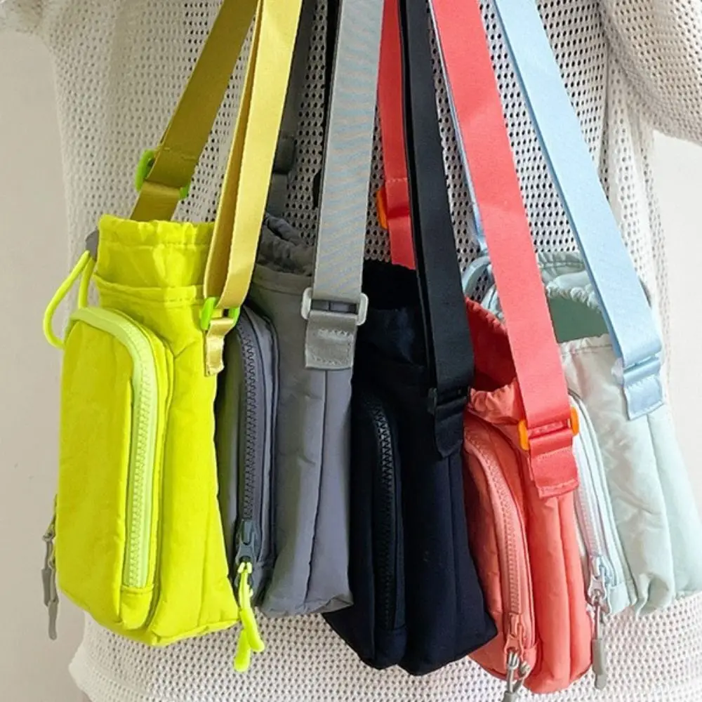 

Korean Style Drawstring Bag Water Bottle Holde Water Cup Cover Nylon Shoulder Bag Purse Solid Color Crossbody Bag Travel