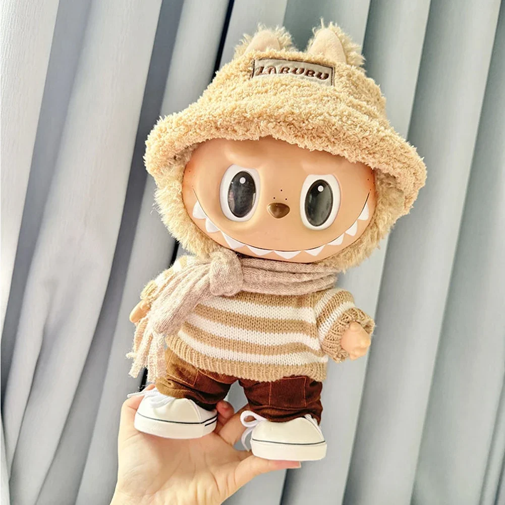 38cm Mini Doll'S Clothes Outfit Accessories For Korea Kpop Exo Labubu Idol V1 V2 Coffee White Striped Sweater Set Clothing