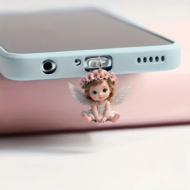 2d acrílico plano anjo fada gato telefone poeira plug acessórios decorativos para iphone tipo-c interface poeira plug pendurado decoração