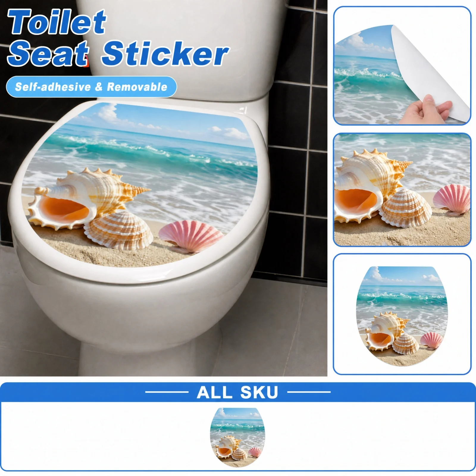 Ocean-themed  Beach Shells Toilet Stickers Bathroom Toilet Cover Sticker Self-Adhesive Removable Toilet Decal Bathroom Decor