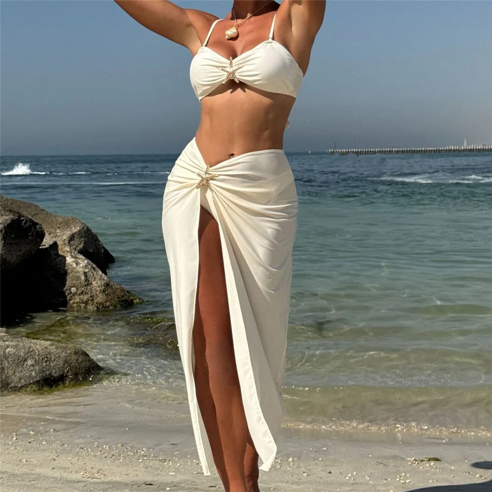 Metal Starfish White Bikinis Sets 3 Pieces Cover Up Sexy Swimsuit Women Holiday Swimwear Back Knotted Beach Wear Bikini 2025
