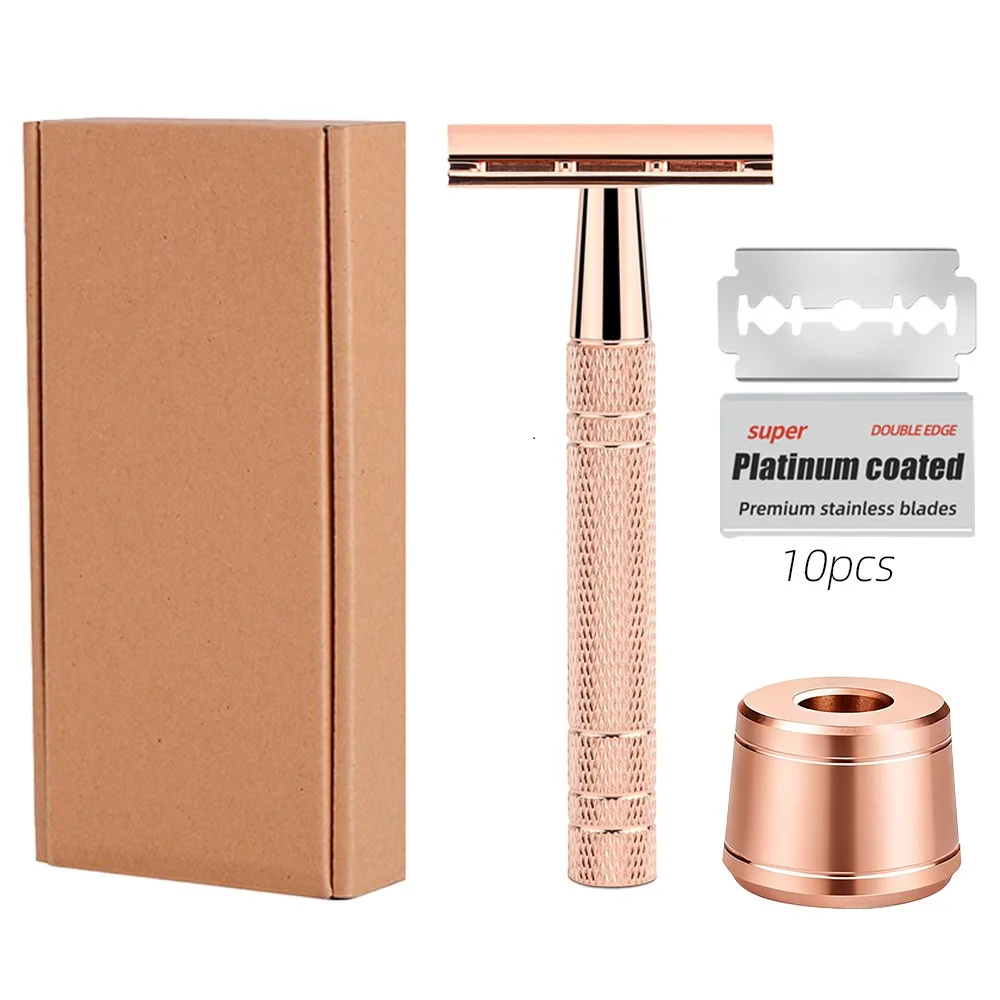Classic Manual Razor With 10Pcs Blades & Base Aluminum Double Edge Safety Razor for Men's Shaving and Women's Hair Removal Tool