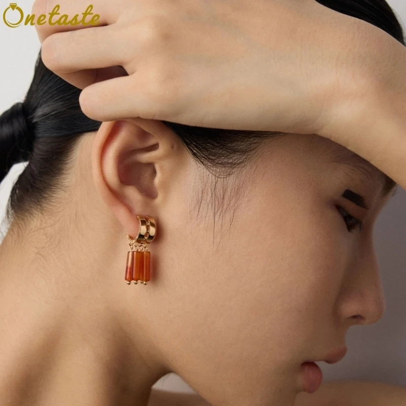 

925 Sterling Silver Red Moss Agate Cylindral Tassels Charm C Hoop Earrings For Women Trendy Dangling Statement Earring Her Gift