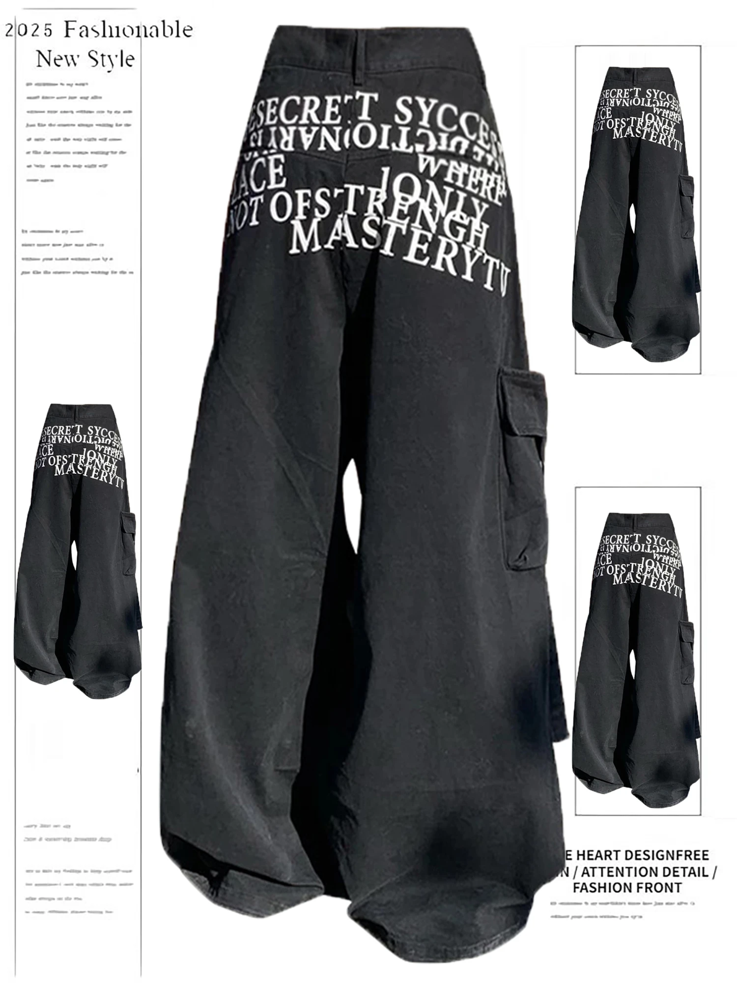 

Y2K Women's High Waist Wide Leg Jeans Cargo Pants Black Vintage Letter Print Side Pockets Loose Fit Streetwear Fashion Trousers