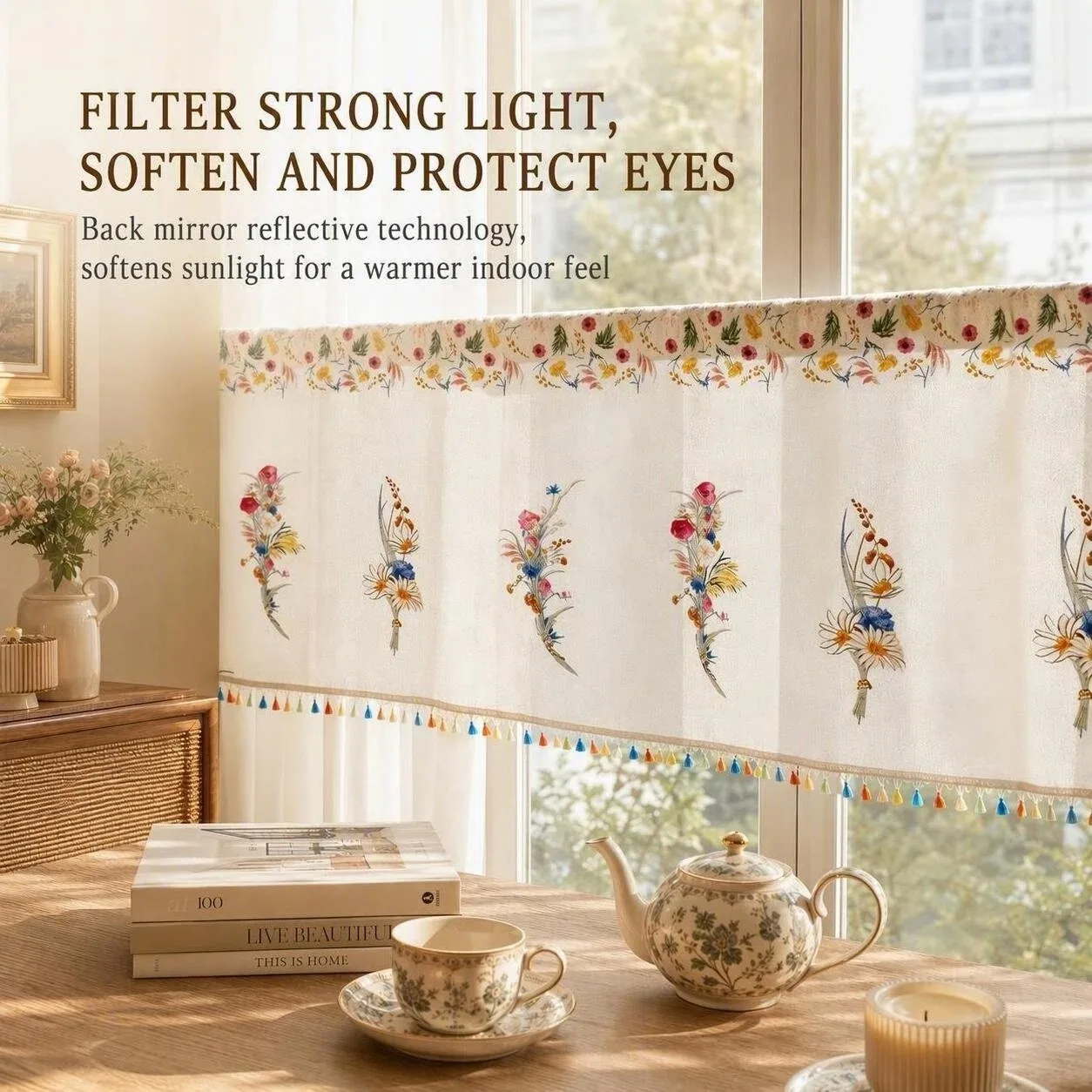 Farmhouse Floral Short Curtain Rod‑Pocket Bird‑Nest Texture Sheer Curtain Semi‑Through Valance for Bay Window Home Decor