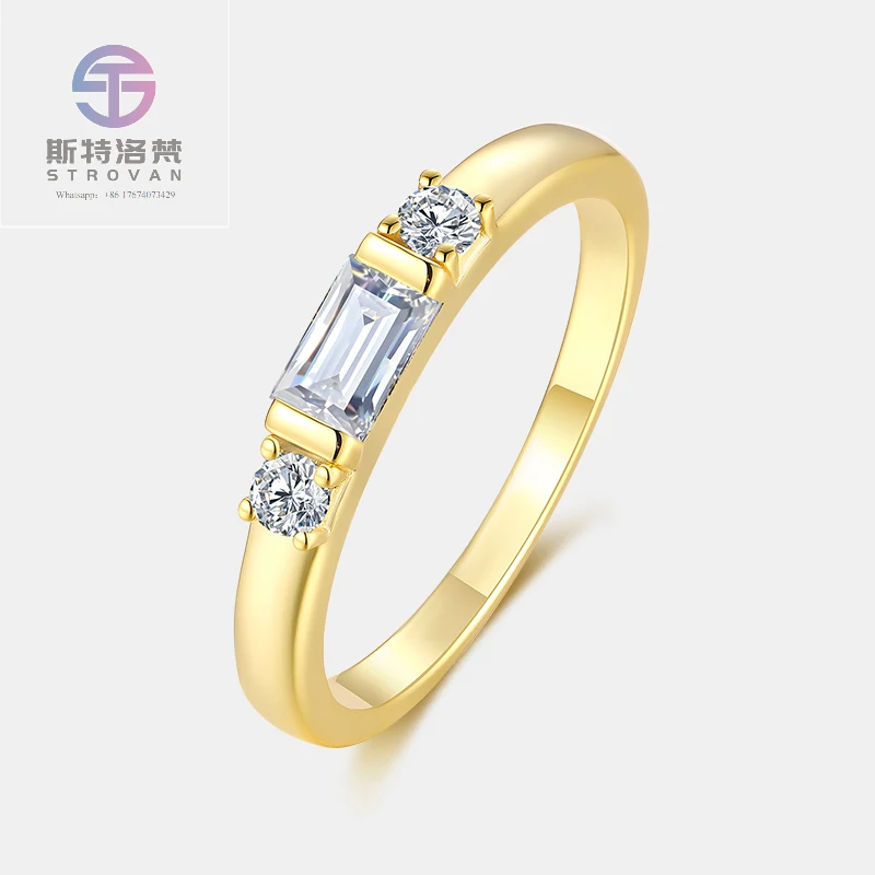 

Three Stones One Baguette and Two Round Cut Moissanite Ring 925 Sterling Silver 18K Gold Plated Engagement Wedding Women Ring
