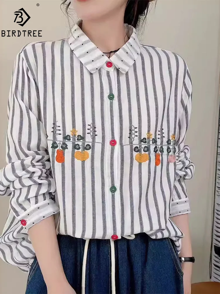 

Summer Cotton Long Sleeve Shirts, Woman Turn-down Collar Embroidery Top, Sweet Girl Casual Loose Blouses, 2024 Autumn T47532QM