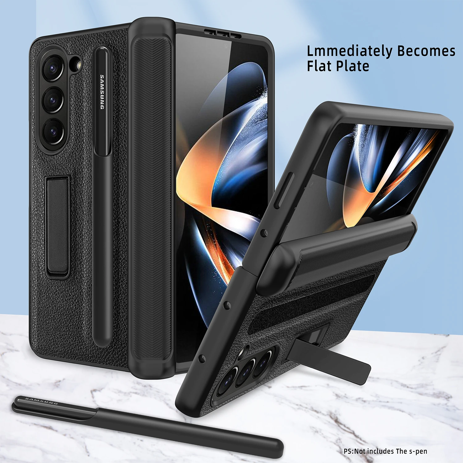 with S Pen Slot For Samsung Galaxy Z Fold 5 4 3 Case Hinge Leather Carbon Fiber Magnetic Kickstand Full Screen Protector Cover