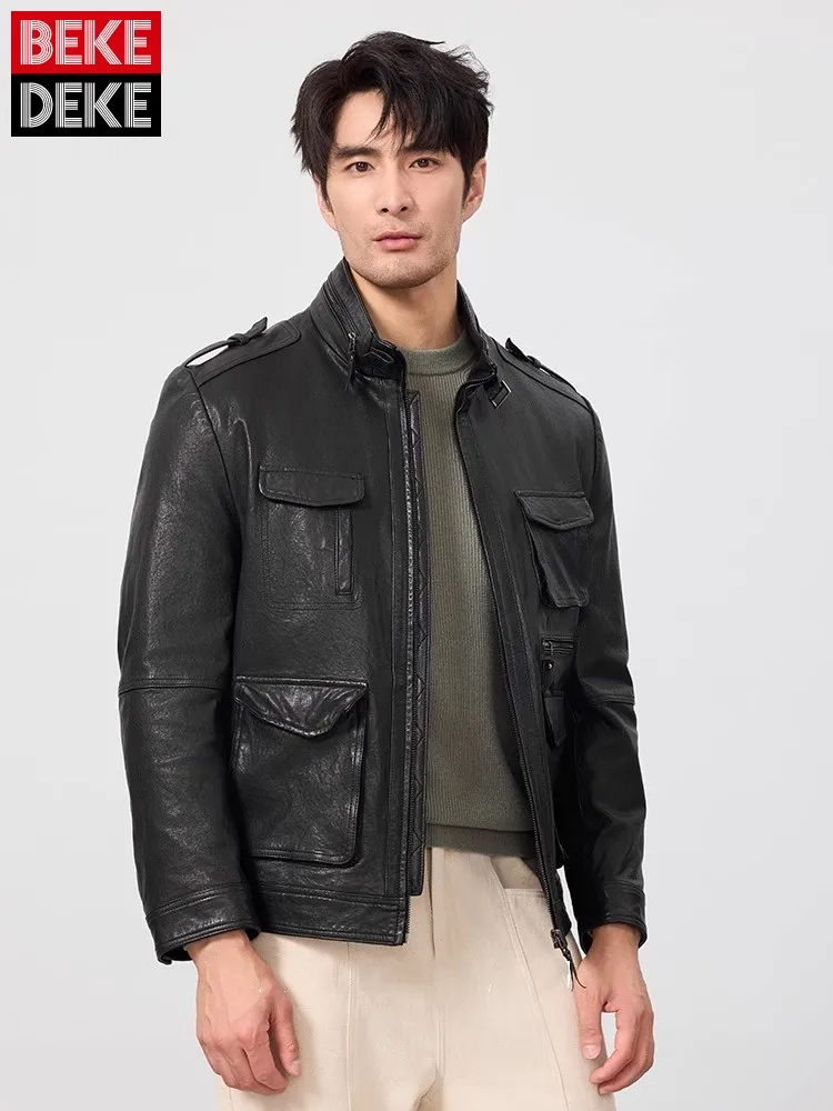 

Mens Punk Stand Collar Genuine Leather Motorcycle Jacket Spring Autumn Long Sleeve Slim Fit Sheepskin Cargo Short Coat 5XL 6XL