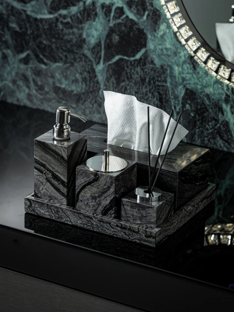 Tree Black Natural Marble Bathroom Set Soap Dish Soap Dispenser Tissue Box Tray Bathroom Accessories Set