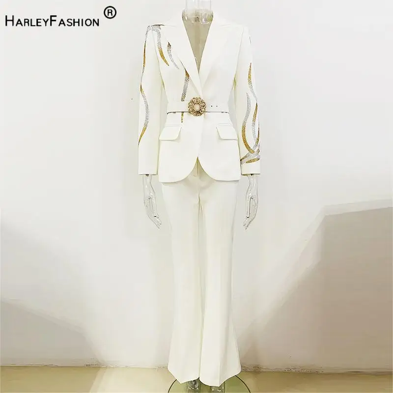 

European Style Fine Workmanship Hot Fix Rhinestone Lady Formal Workwear 2Pcs Blazer With Belt Flared Pants Solid Suit