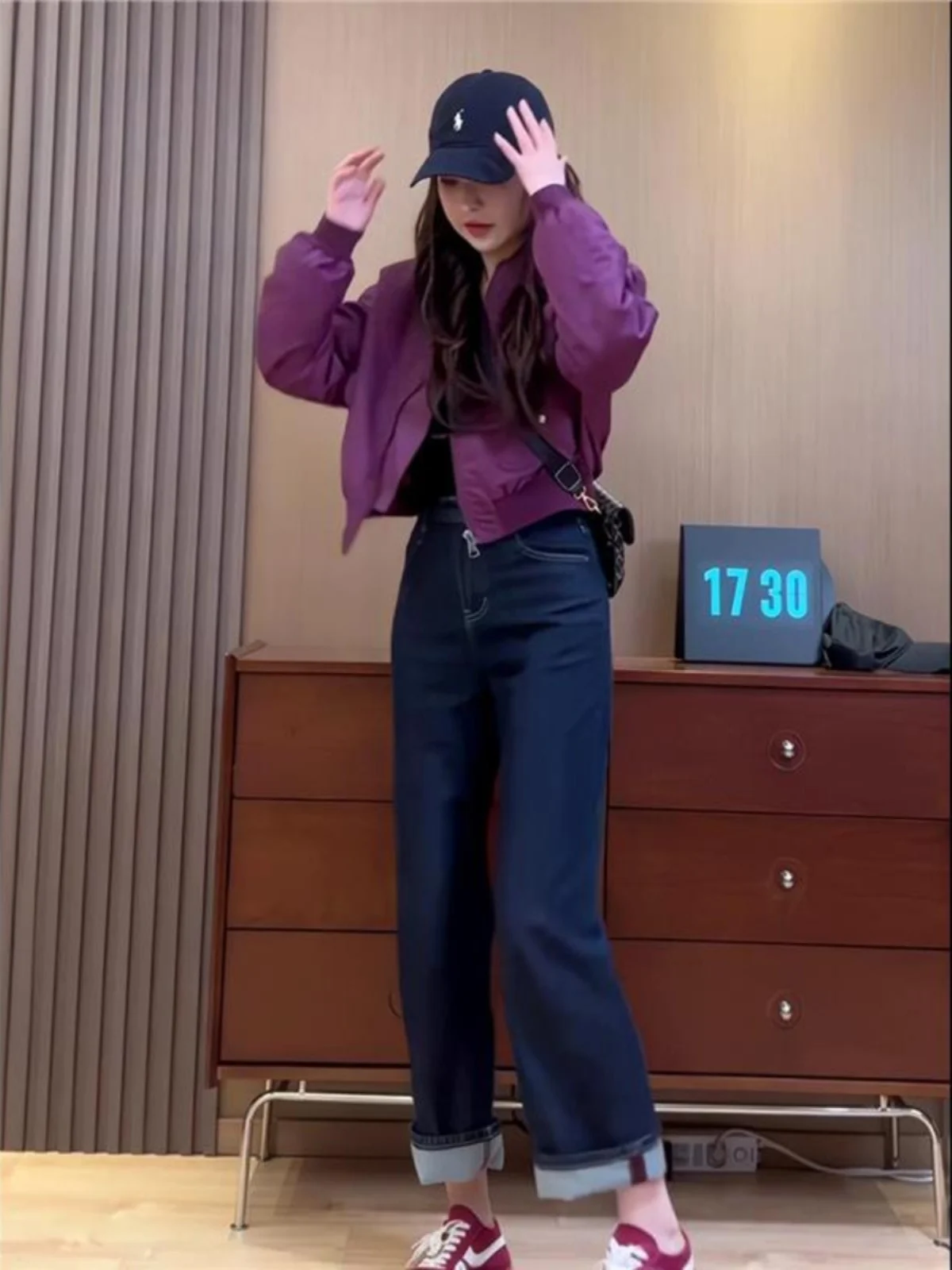 

Spring 2026 Women's Loose Fit Purple Baseball Jaet Age-Defng Sli ort Outerwear Commute Sle Mixed Fabric Zipper