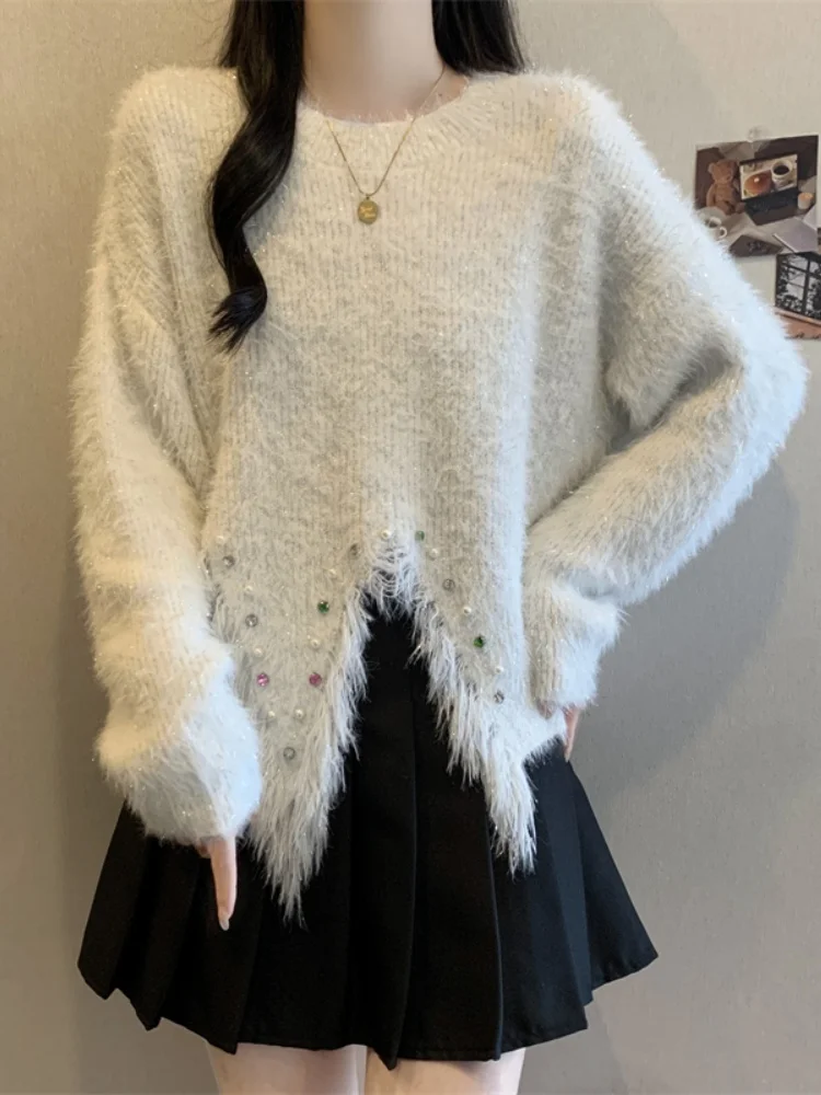 

SMTHMA, новый осенне-зимний дизайн, нестандартный вязаный универсальный верх, темпераментная одежда, свободный мягкий свитер из мохера с бисером