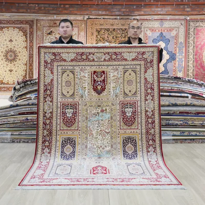 CECertificate 4.5x6.5ft Vintage Oriental China Hand Knotted 100% Plain Silk Carpet Floral Pattern Low Pile Washable