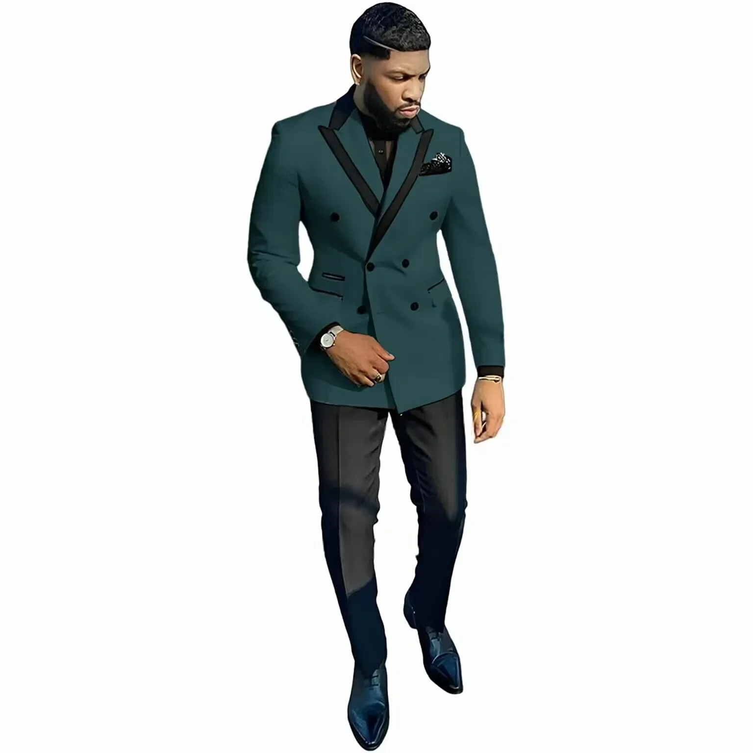 Traje de 2 piezas de boda a la moda para hombre (chaqueta + pantalones), solapa de satén, doble botonadura, esmoquin Formal eleg