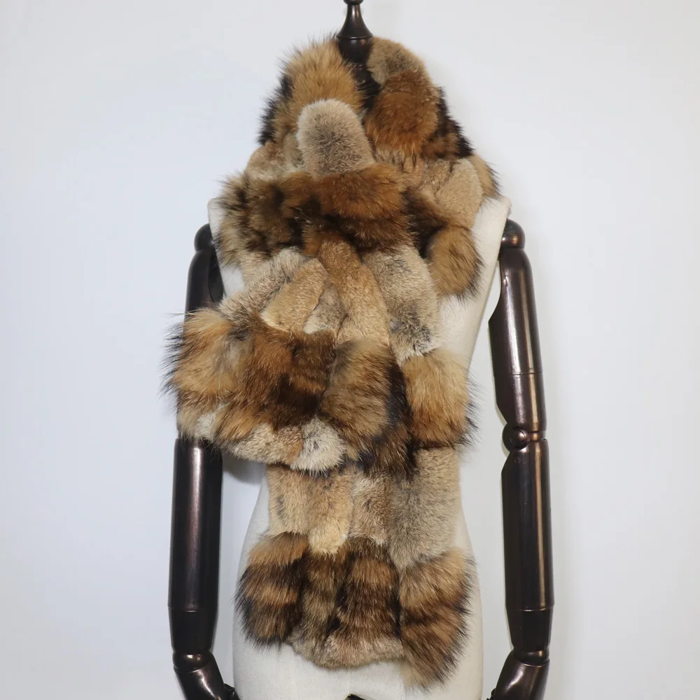 جديد الشتاء محبوك ريكس الأرنب الفراء وشاح مع الفضة الثعلب الفراء المرأة موضة الدافئة سميكة الإناث الشتاء الفراء والأوشحة الرقبة أدفأ فام